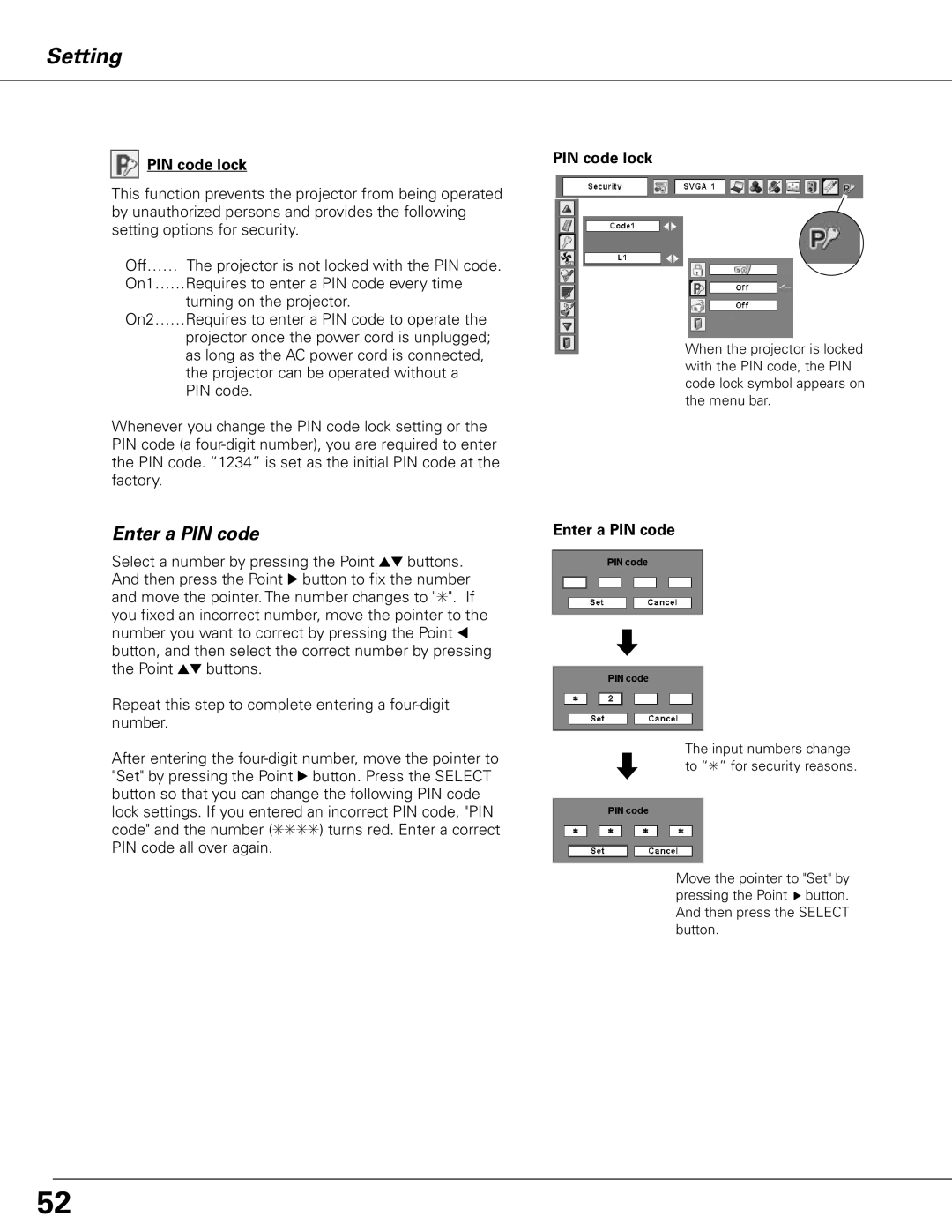 Sanyo PLC-XL50 owner manual PIN code lock, Enter a PIN code 